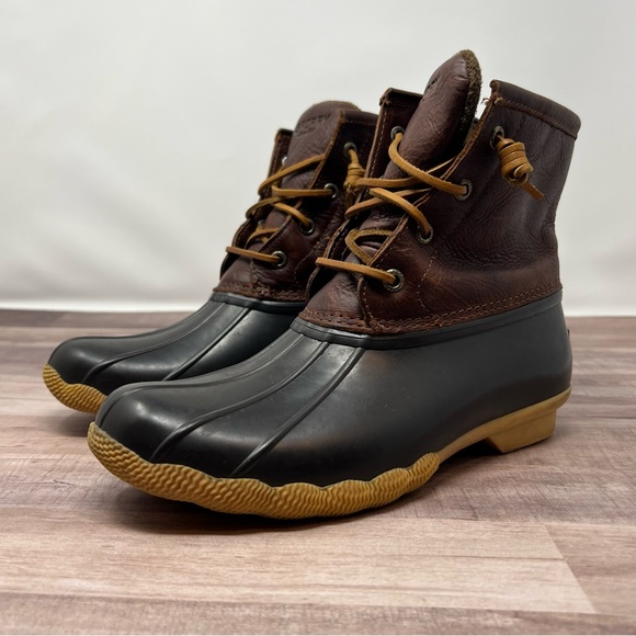 Sperry Topsider Womens 7m Brown Leather Duck Boots. Rain Boots. Side Zip. Rubber - Picture 1 of 14